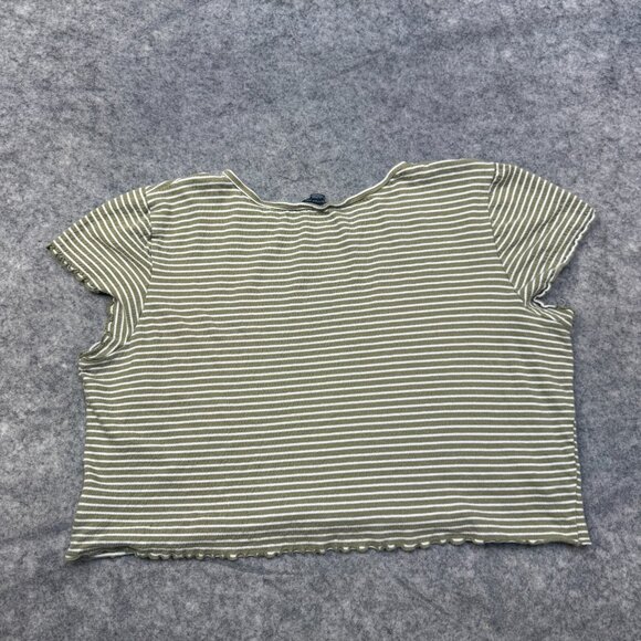 American Eagle T Shirt Womens XL Green Striped Ribbed Crop Top Lettuce Hem - Picture 2 of 8